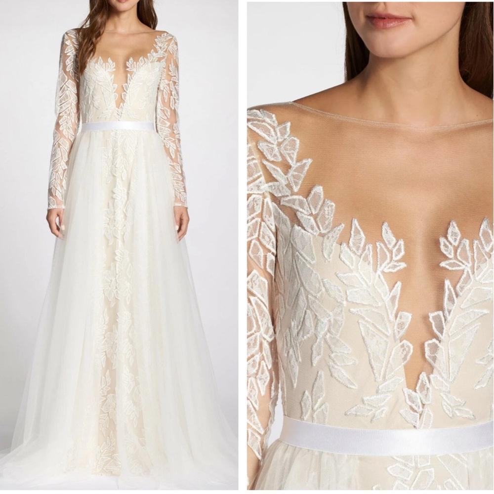TADASHI SHOJI Embroidered Tulle Plunge Neck Long Sleeve Wedding Gown Dress